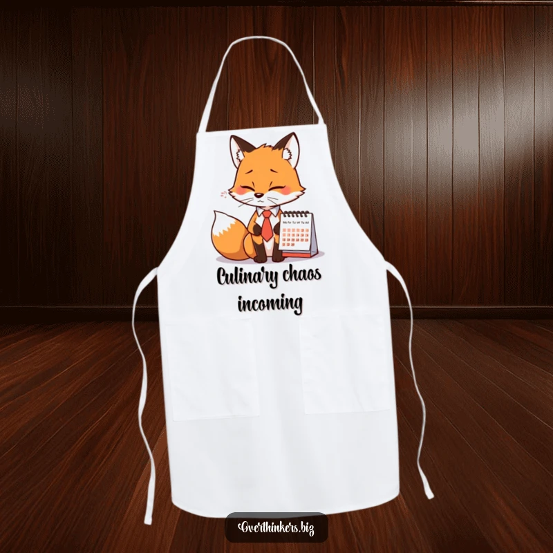 Funny Fox Tie Calendar Sigh Apron: A fox in a tie sighs at a calendar, a humorous apron for kitchen laughs.