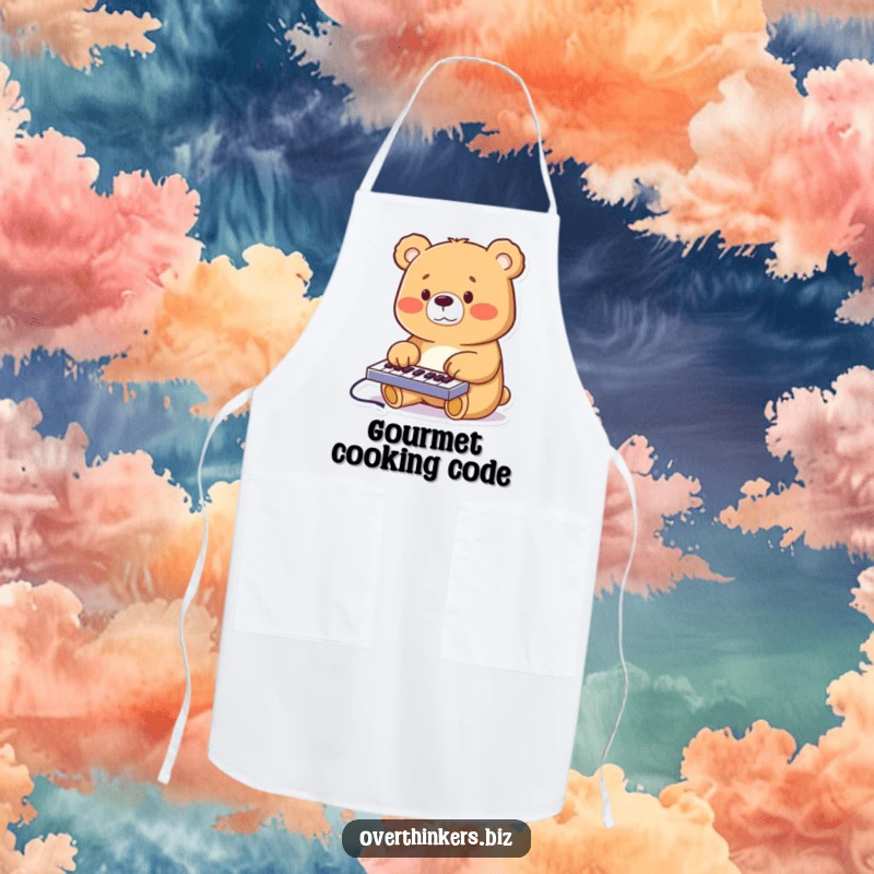 Funny cheerful bear furiously typing on a miniature keyboard, on a protective and humorous kitchen apron.