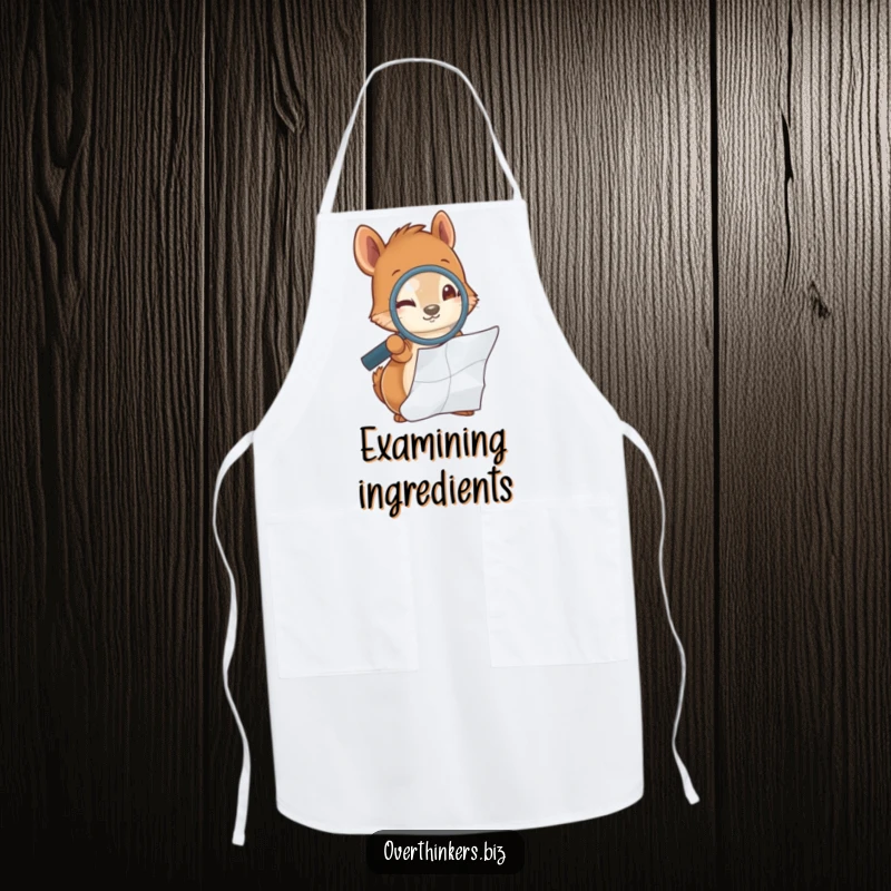 Funny squirrel holding a magnifying glass, examining a crumpled piece of paper, on a protective and humorous kitchen apron.