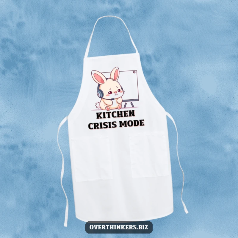 Funny stressed rabbit wearing a headset, pointing at a whiteboard, on a protective and humorous kitchen apron.