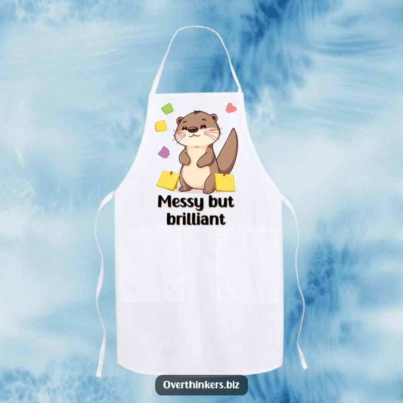 Funny Otter Sticky Note Juggling Apron: A playful apron with an otter juggling colorful sticky notes, adding kitchen humor.