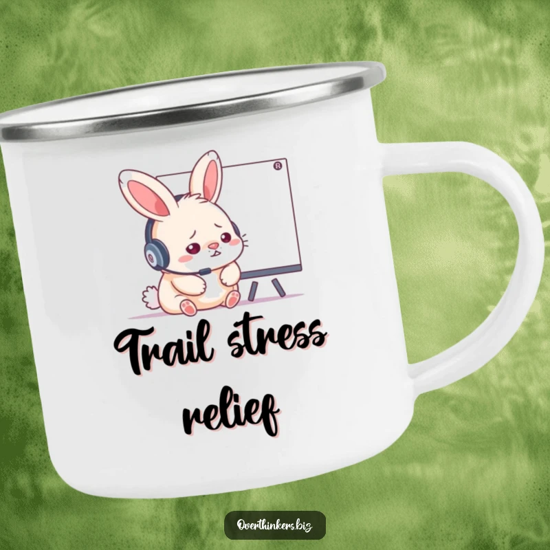 Funny stressed rabbit with a headset, studying a whiteboard, printed on a sturdy enamel camping mug.