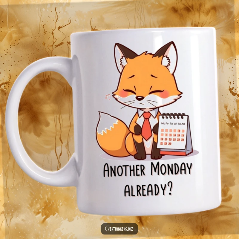 Funny Fox Tie Calendar Sigh Mug: A stressed fox in small tie dramatically sights at a calendar, perfect office humor gift.