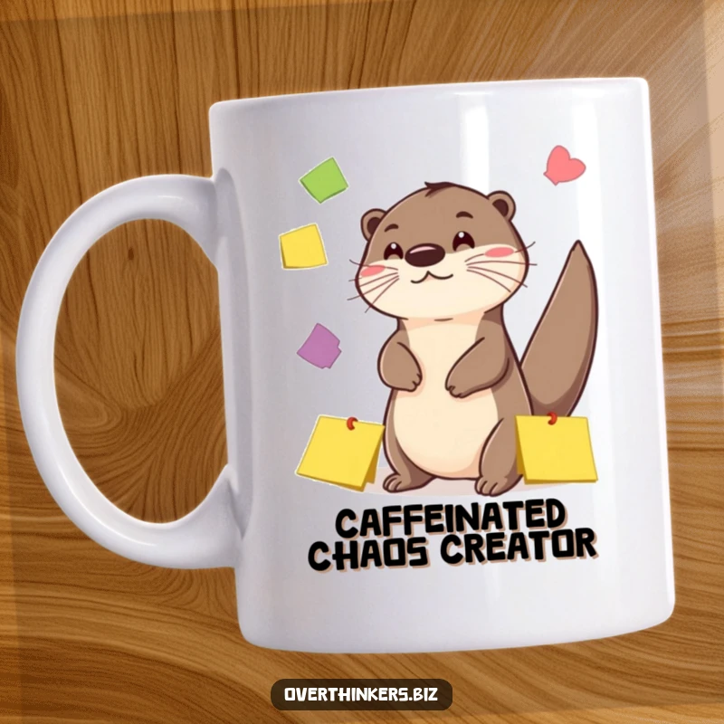 Funny Otter Sticky Note Juggling Mug: A playful otter juggles colorful sticky notes with its tail, showcasing fun productivity.