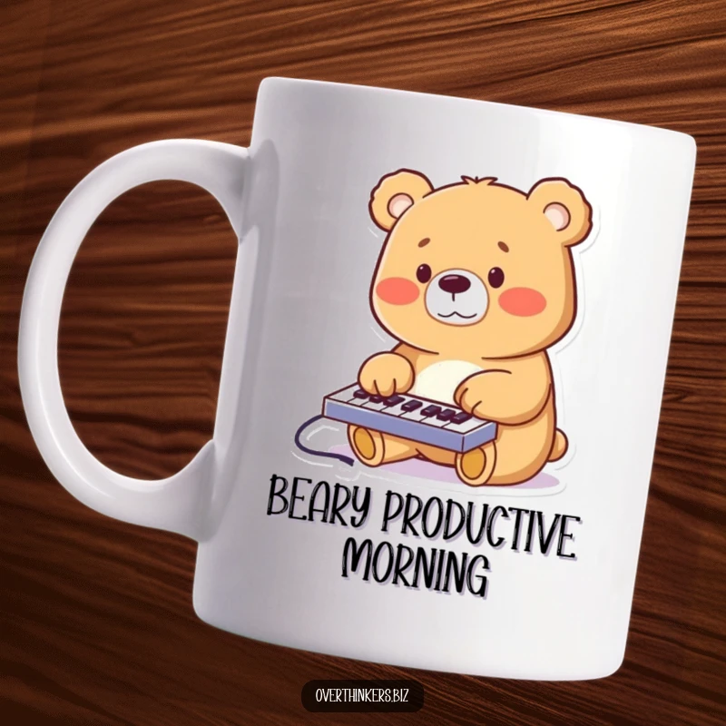 Funny cheerful bear furiously tapping on a miniature keyboard with its paws, depicted on a ceramic mug.