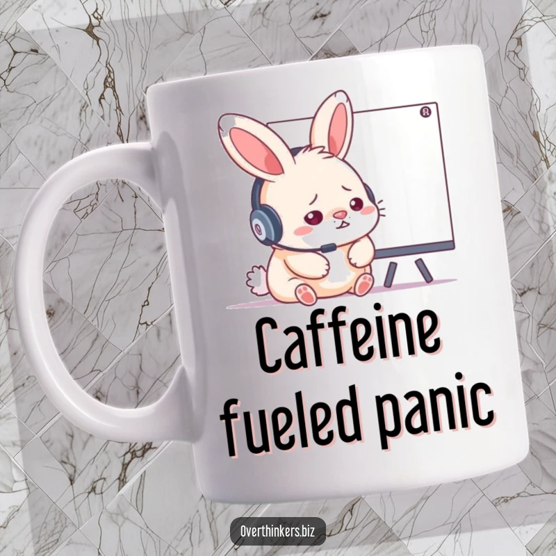 Funny fluffy rabbit wearing a tiny headset, looking stressed while pointing at a complex diagram on a whiteboard, on a ceramic mug.