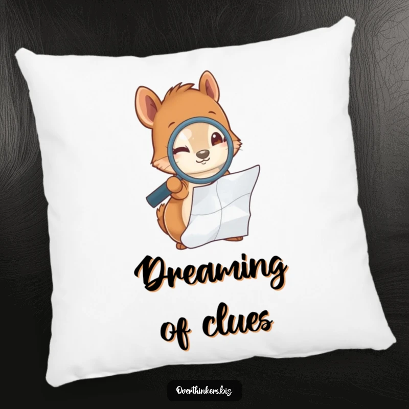 Funny and curious squirrel holding a magnifying glass, examining a crumpled piece of paper, featured on a soft throw pillow.