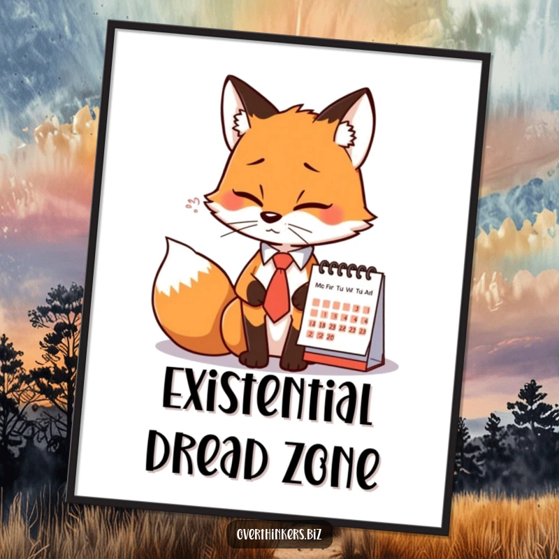 Funny Fox Tie Calendar Sigh Digital Art Print: A printable artwork of a fox in a tie sighing at a calendar, offering instant humor.