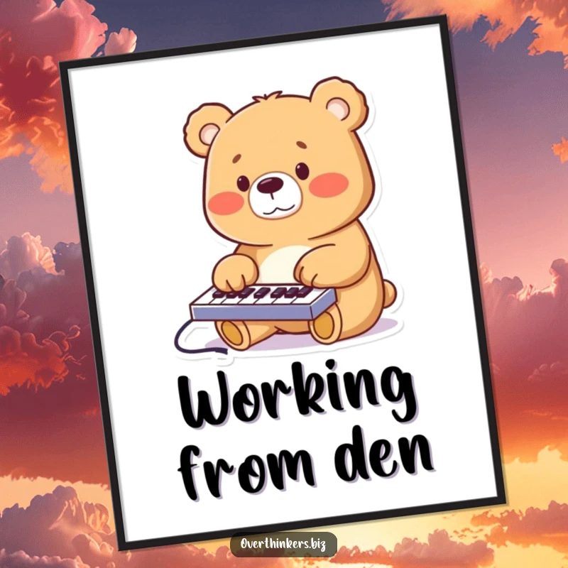 Funny digital illustration of a cheerful bear furiously typing on a miniature keyboard, humorous wall art for tech spaces.