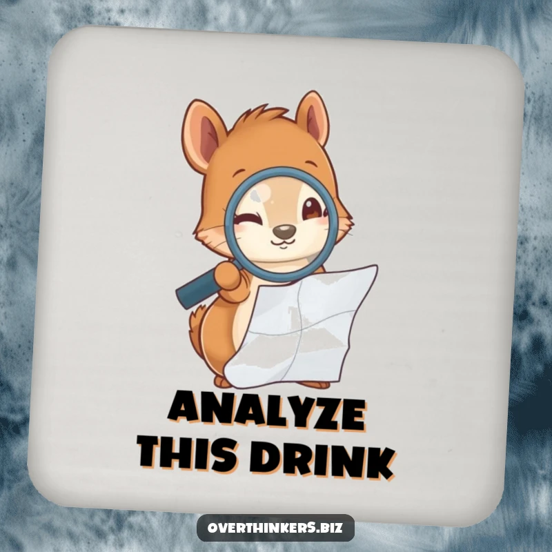 Funny squirrel holding a magnifying glass, examining a crumpled piece of paper, serving as a protective and humorous drink coaster.