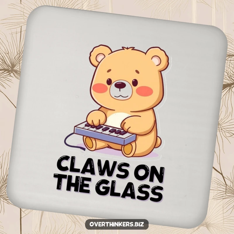 Funny cheerful bear furiously typing on a miniature keyboard, serving as a protective and humorous drink coaster.