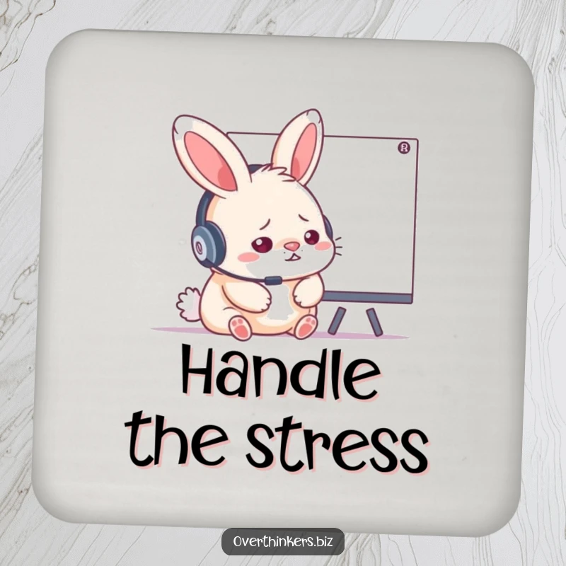 Funny stressed rabbit wearing a headset, looking at a whiteboard, serving as a protective and humorous drink coaster.