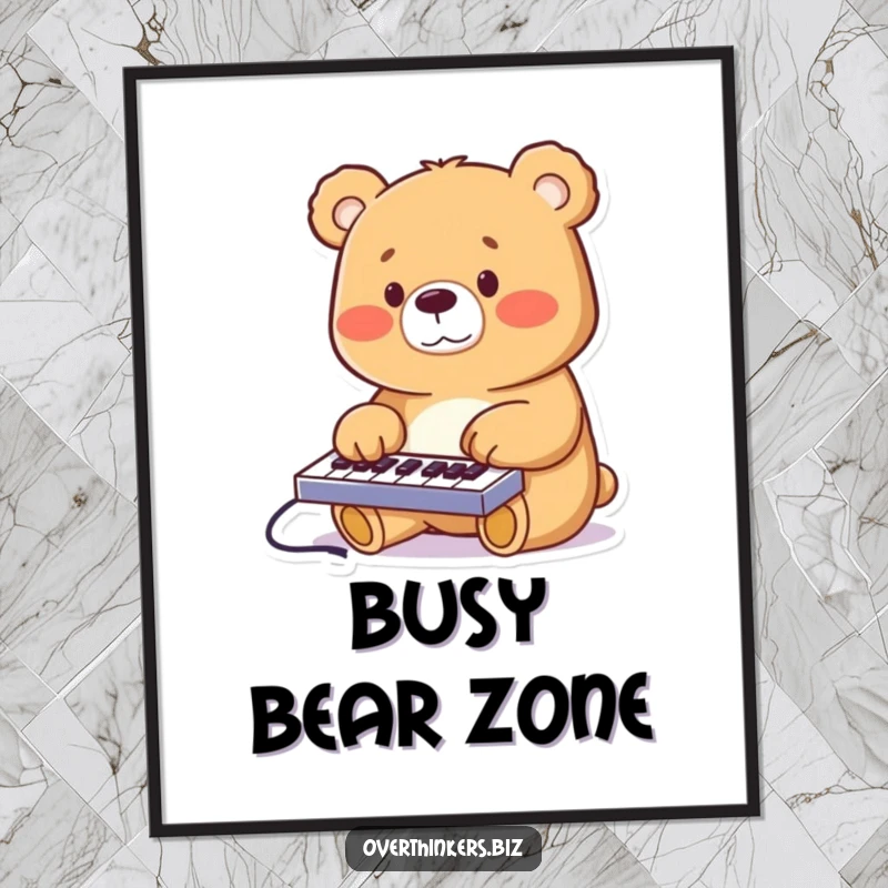 Funny illustration of a cheerful bear furiously typing on a miniature keyboard, artistic wall decor.