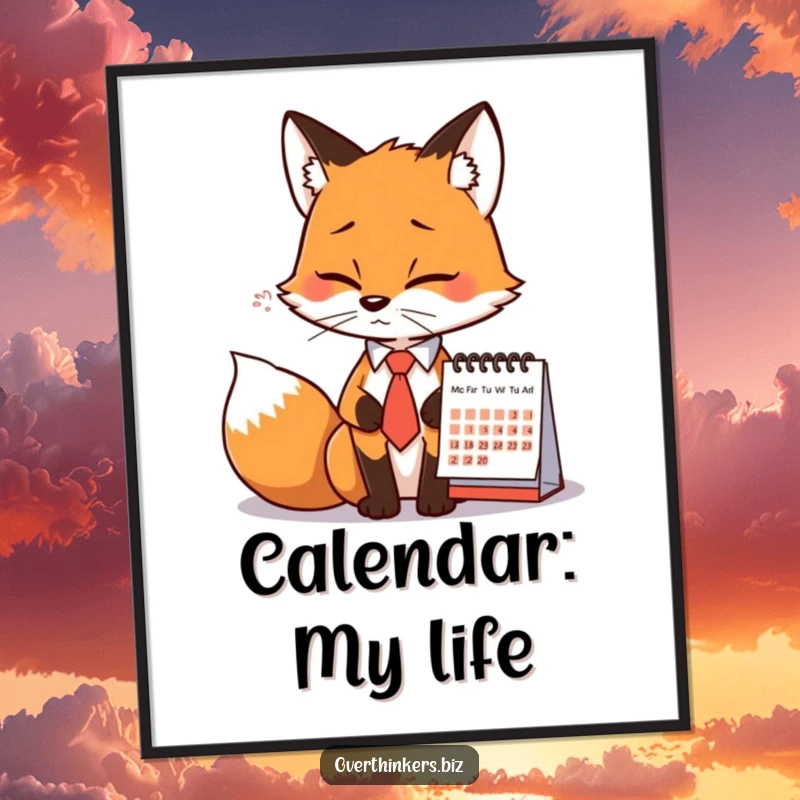 Funny Fox Tie Calendar Sigh Poster: A fox wearing a tie sighs at calendar, bringing humorous wall art and office vibes.