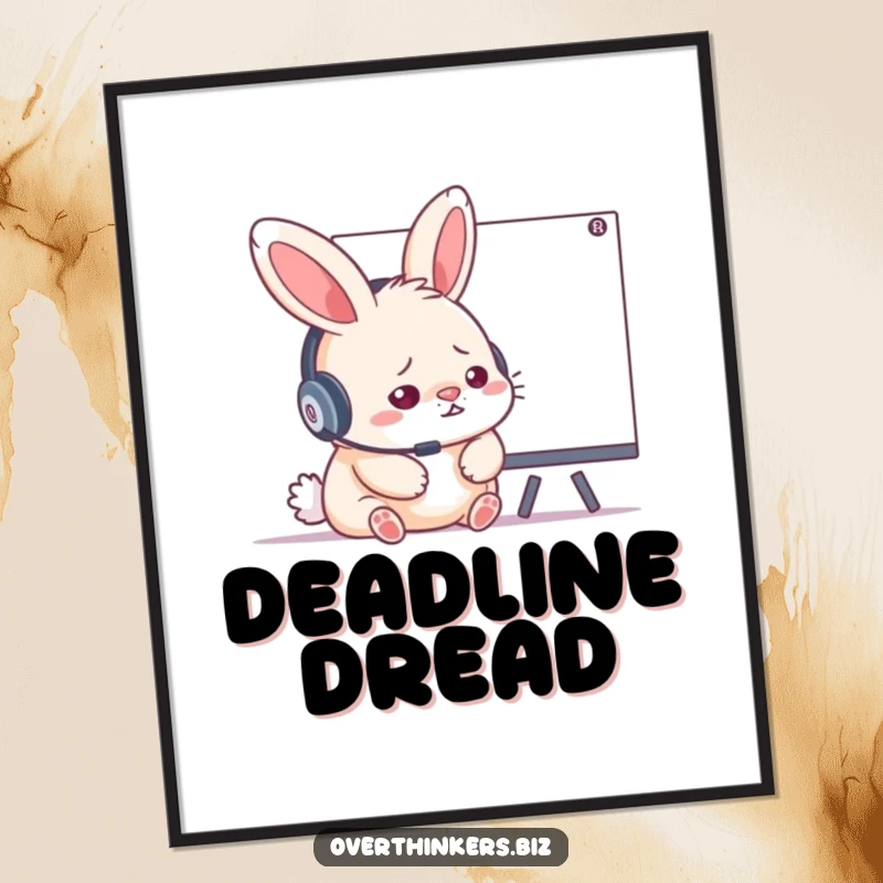Funny illustration of a stressed rabbit wearing a headset, intensely studying a whiteboard, artistic wall decor.