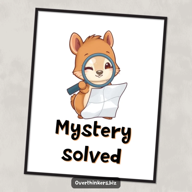 Funny illustration of a squirrel holding a magnifying glass, examining a crumpled piece of paper, artistic wall decor.