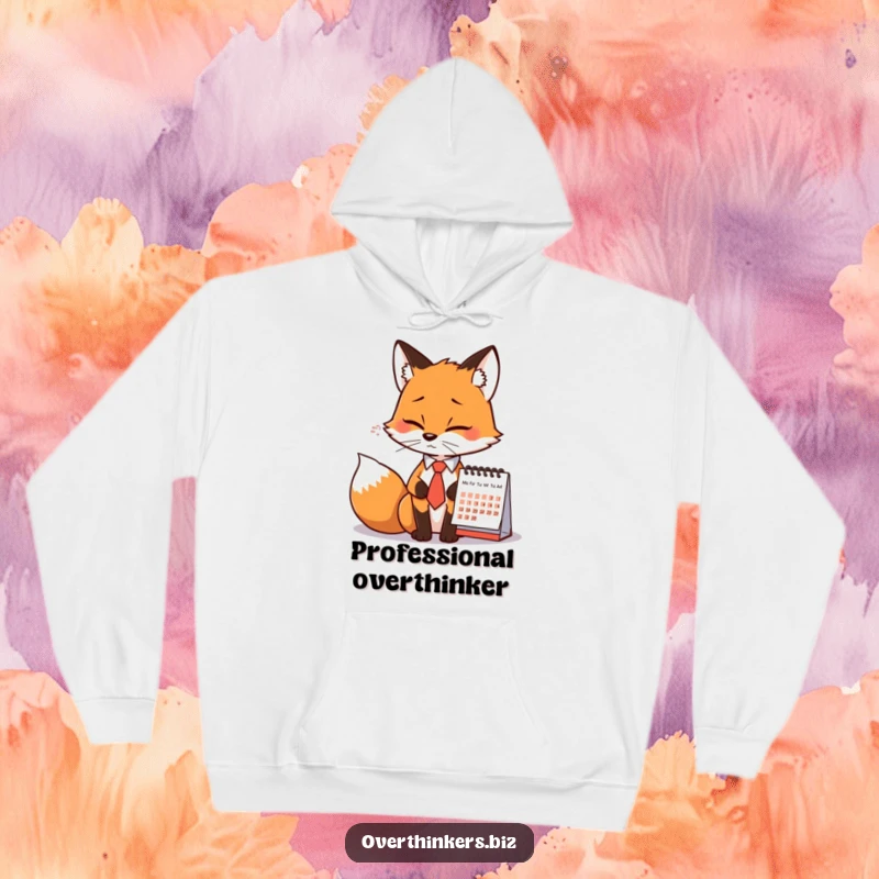 Funny Fox Tie Calendar Sigh Hoodie: A fox in a tie dramatically sighs at a calendar, perfect for cozy, humorous relaxation.