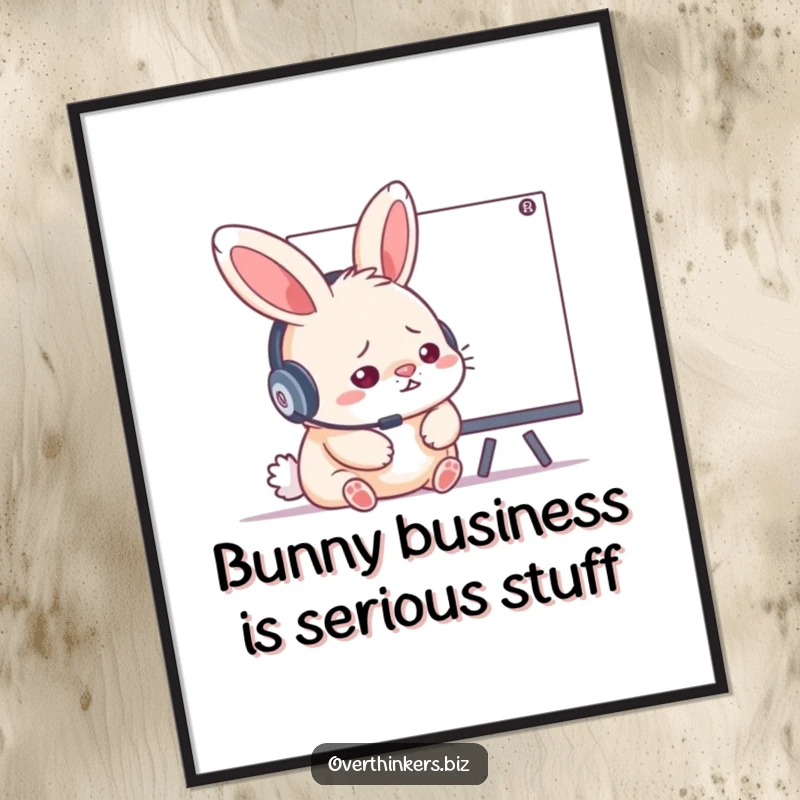 Funny Free Printable Wall Art of a fluffy rabbit with a headset, stressed and bewildered by a whiteboard filled with inscrutable data and equations.