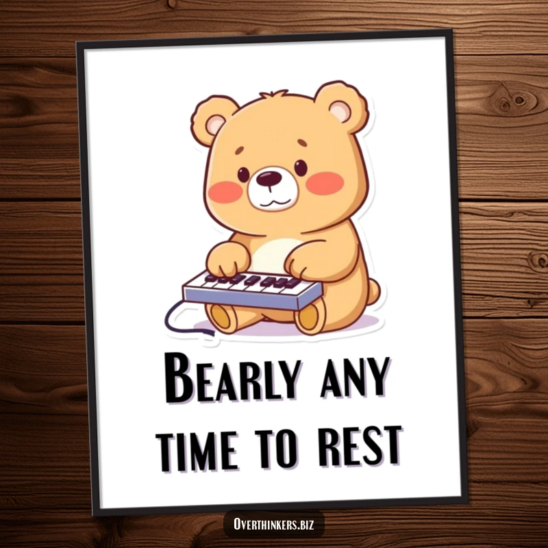 Funny Free Printable Wall Art of a cheerful bear comically typing with intense focus on a miniature keyboard, paws a blur.