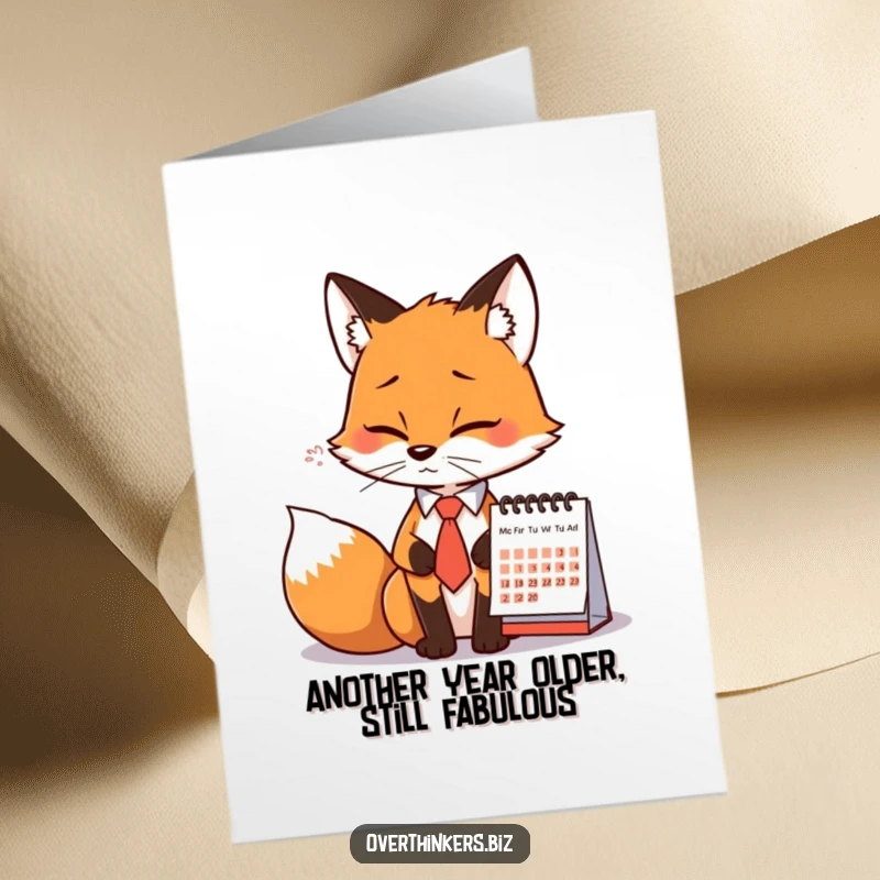 Funny free printable birthday card of a fox in a tie, dramatically sighing at a calendar, conveying procrastination.