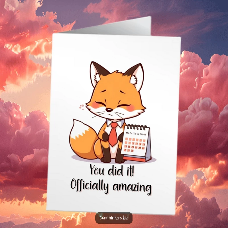 Funny free printable congratulations card featuring a fox in a tie, sighing dramatically at a calendar, perfect for shared stress.