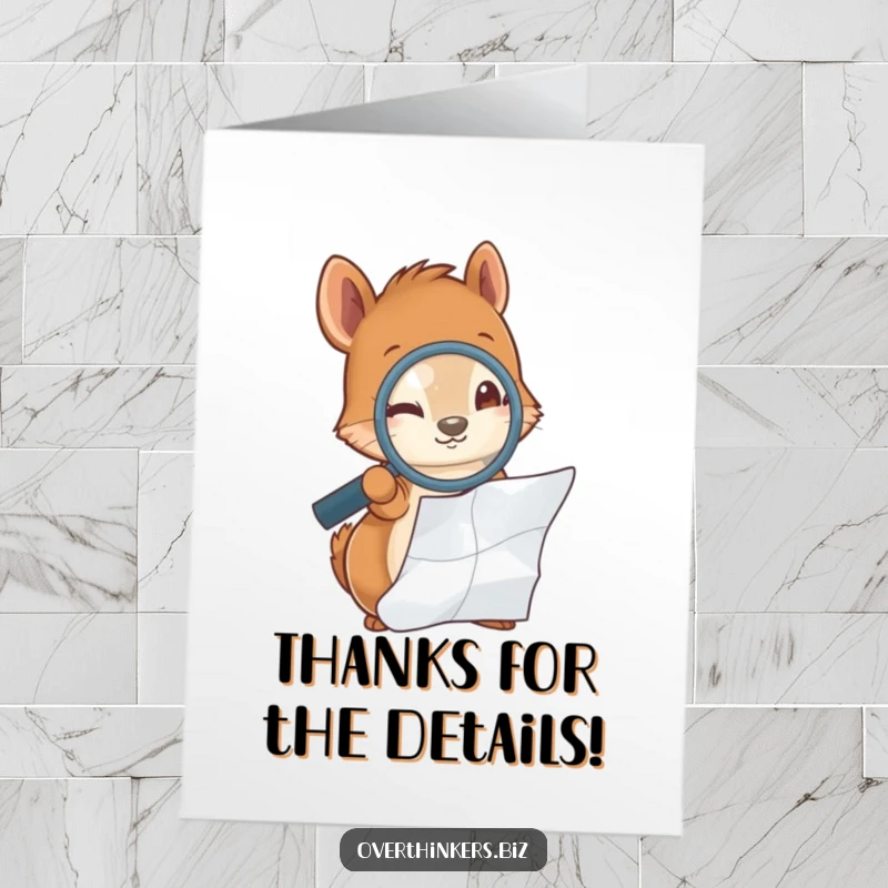 Funny Free Printable Thank You Card: A squirrel with a magnifying glass scrutinizes a crumpled piece of paper, expressing deep thanks for careful attention.