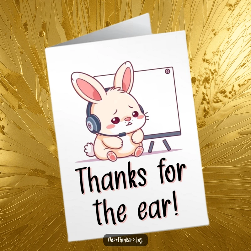 Funny Free Printable Thank You Card: A fluffy rabbit wearing a headset looks frazzled while studying a complex whiteboard, expressing thanks for effort.