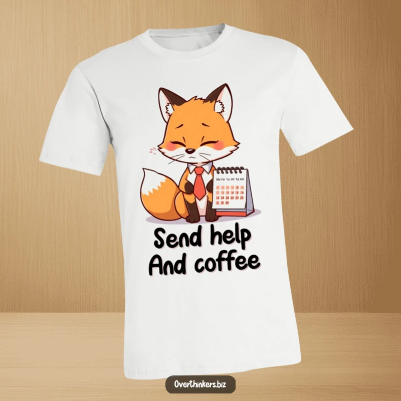 Funny Fox Tie Calendar Sigh T-Shirt: A dramatic fox in a tie sighs at a calendar, showcasing relatable office humor.