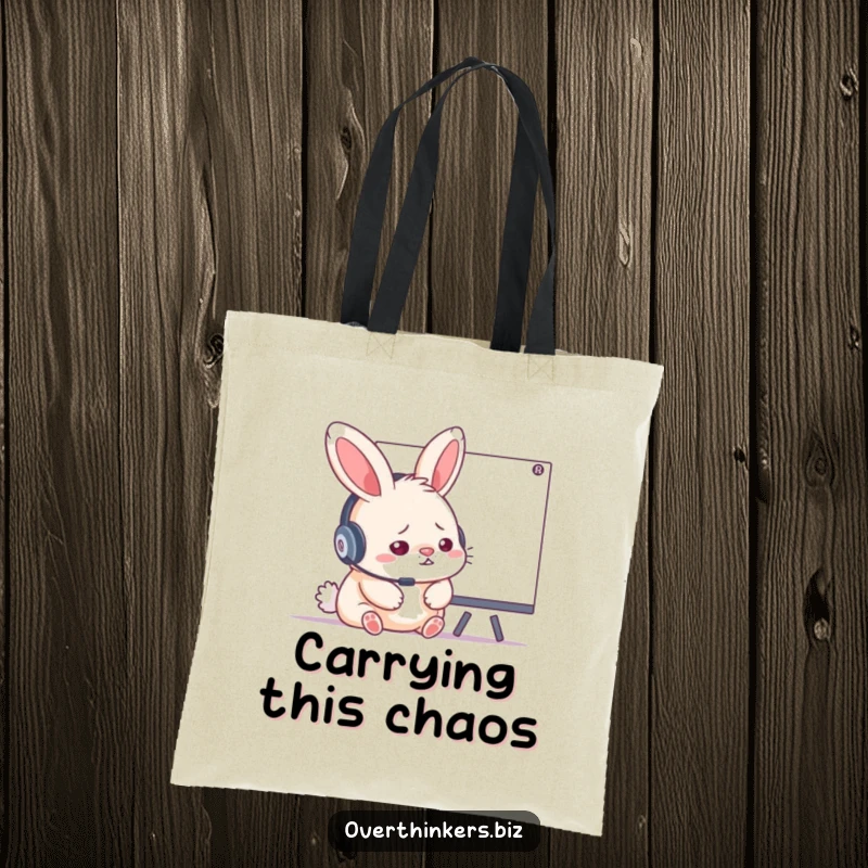 Funny fluffy rabbit with a headset, looking stressed at a complex diagram on a whiteboard, printed on a durable tote bag.