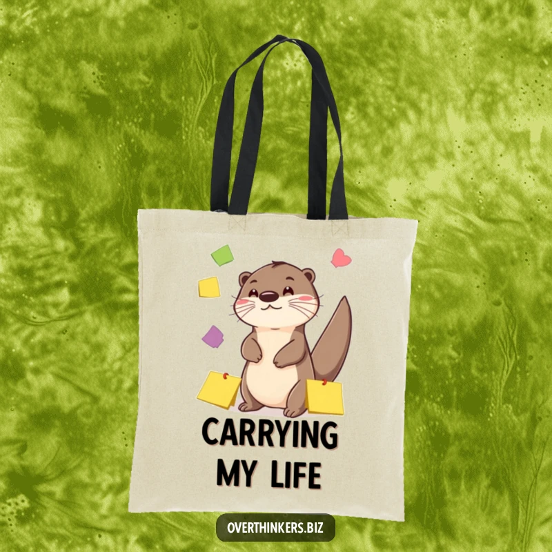 Funny Otter Sticky Note Juggling Tote Bag: A stylish tote with a playful otter juggling colorful sticky notes, perfect for carrying essentials.